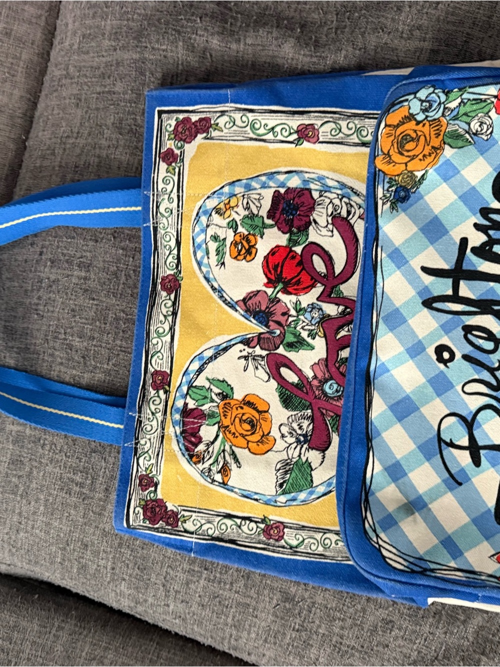 Brighton Blue Floral Heart Tote with Script Accent